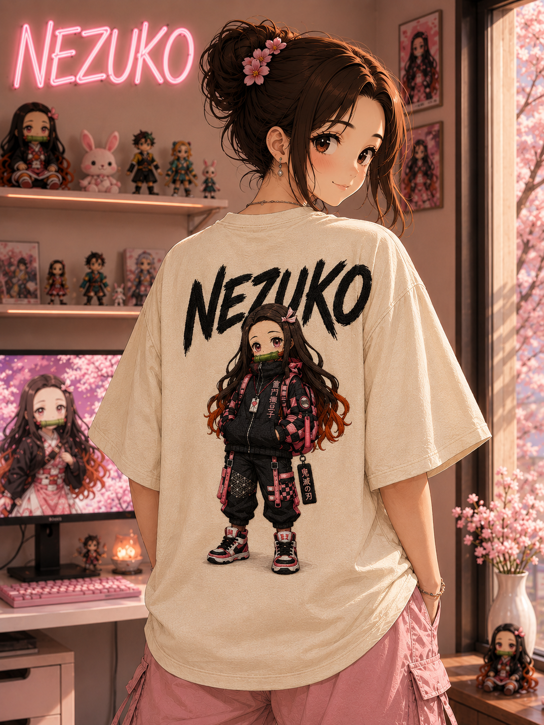 Nezuko Premium Embroidered Oversized T-Shirt – Anime Streetwear Heavyweight Cotton Tee | ZAIVIQ